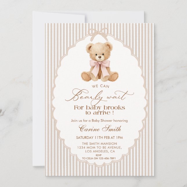 We Can Bearly Wait pink bow girll Baby Shower Invitation (Front)