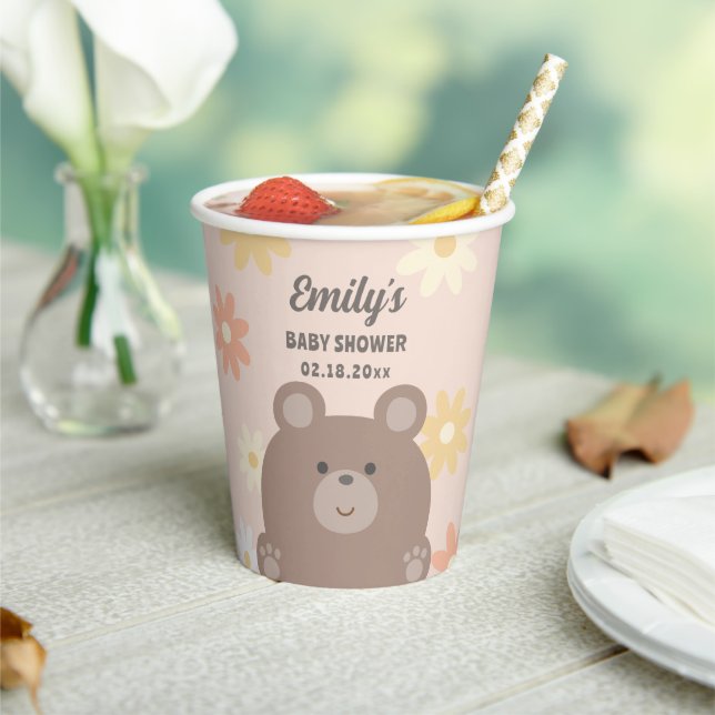 We Can Bearly Wait Pink Daisies Girl Baby Shower Paper Cups (Insitu)