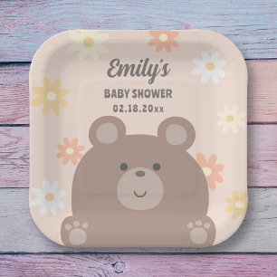 We Can Bearly Wait Pink Daisies Girl Baby Shower Paper Plate