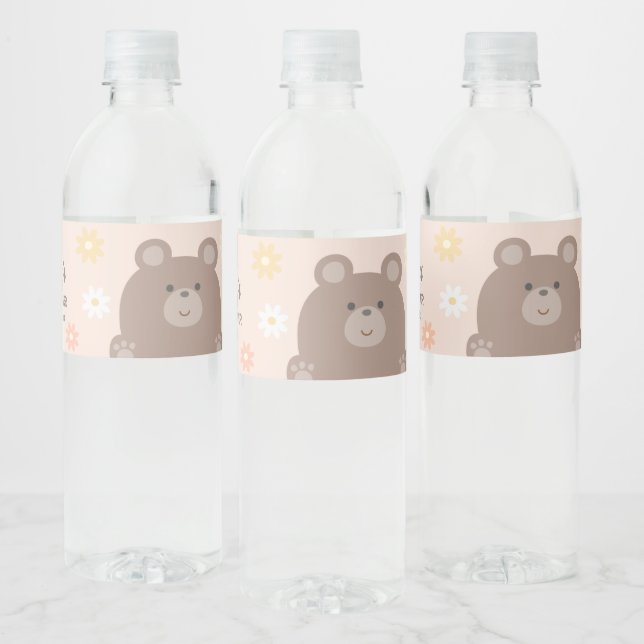 We Can Bearly Wait Pink Daisies Girl Baby Shower Water Bottle Label (Bottles)
