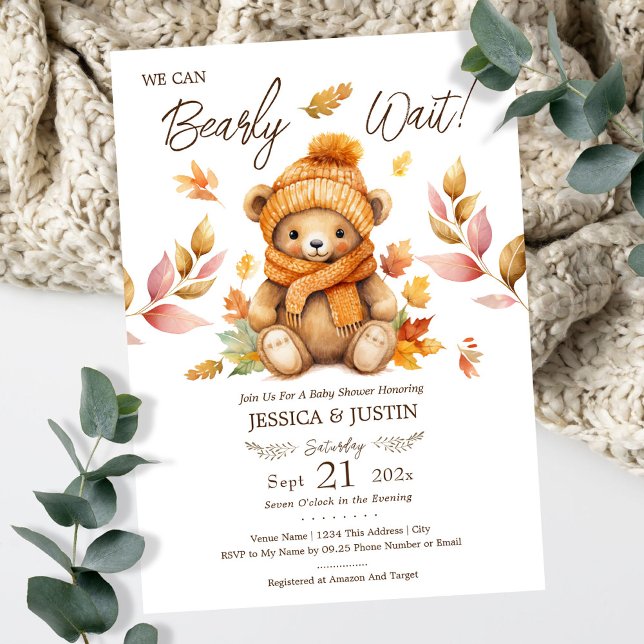 We Can Bearly Wait Pink Fall Baby Shower Invitation (Creator Uploaded)