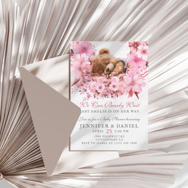 We Can Bearly Wait Pink Floral Baby Shower Invitation (Creator Uploaded)