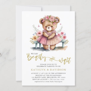 We Can Bearly Wait Pink Floral Girl Baby Shower Invitation