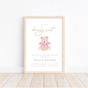 We Can Bearly Wait – Pink Floral Girls Baby Shower Poster