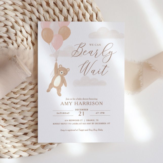 We Can Bearly Wait Pink Girl Baby Shower Invitation (Creator Uploaded)