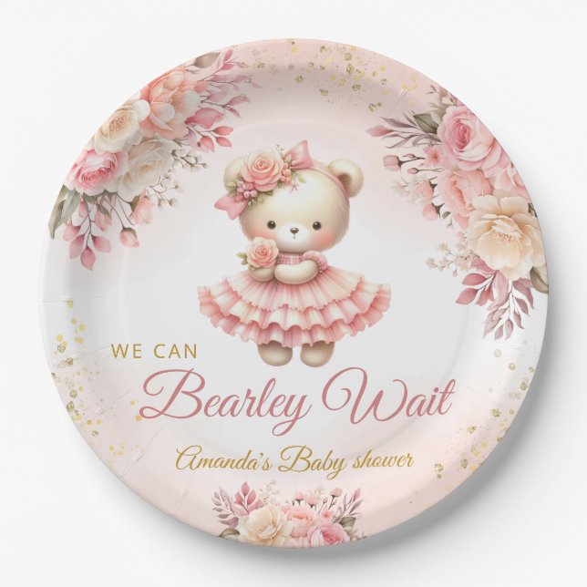 We can bearly wait pink Girl Baby Shower Paper Plate (Front)