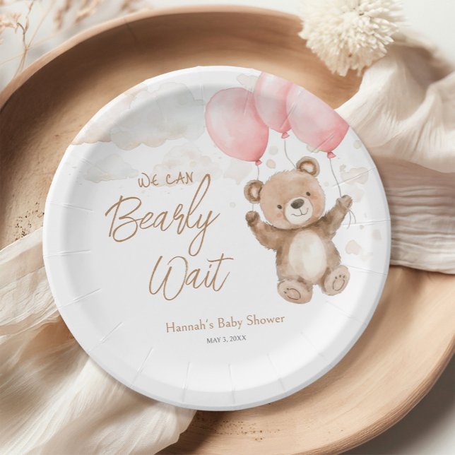 We Can Bearly Wait Pink Girl Baby Shower Paper Plate (Creator Uploaded)