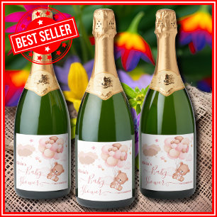 We Can Bearly Wait Pink Girl Baby Shower Sparkling Wine Label