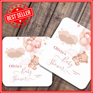 We Can Bearly Wait Pink Girl Baby Shower Square Paper Coaster