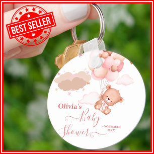 We Can Bearly Wait Pink Girl Bear Baby Shower Key Ring