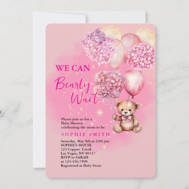 We can bearly wait pink hydrangea baby shower invitation (Front)