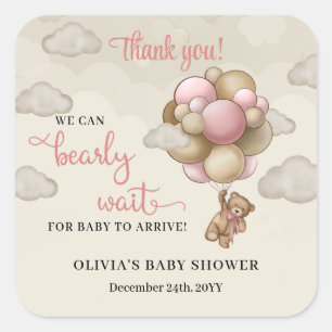 We can bearly wait pink ivory brown balloons girl square sticker