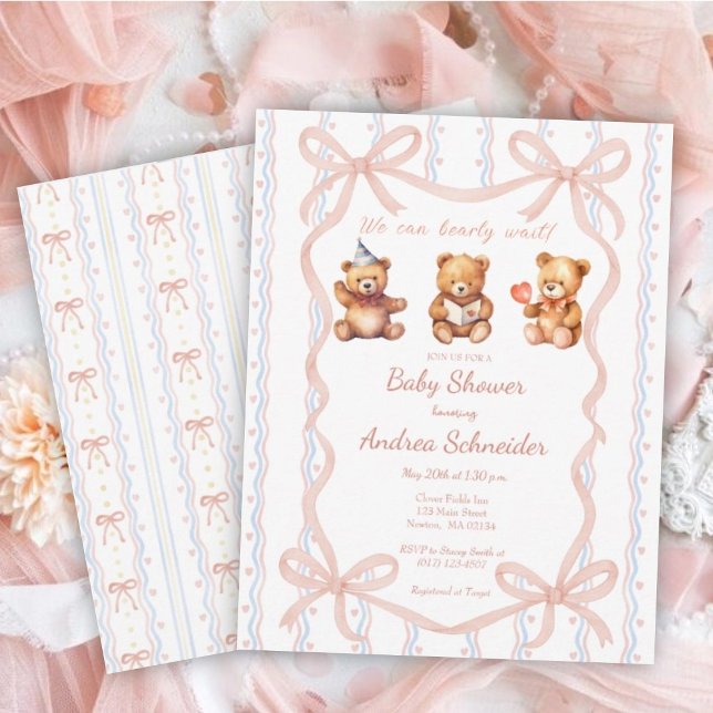 We Can Bearly Wait Pink Lace Ribbon Baby Shower Invitation (Creator Uploaded)