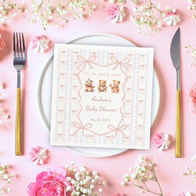 We Can Bearly Wait Pink Lace Ribbon Baby Shower  Napkin (Creator Uploaded)