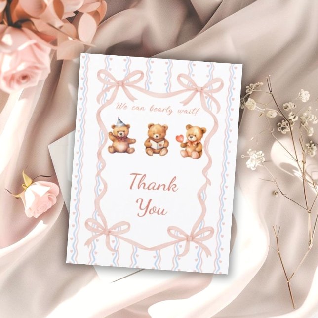 We Can Bearly Wait Pink Lace Ribbon Baby Shower  Thank You Card (Creator Uploaded)