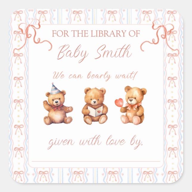 We Can Bearly Wait Pink Lace Ribbon Book Plate Square Sticker (Front)