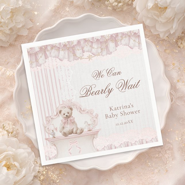 We Can Bearly Wait Pink Nursery Girl Baby Shower Napkin (Creator Uploaded)