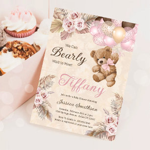 We Can Bearly Wait Pink Pampas Grass Baby Shower Invitation