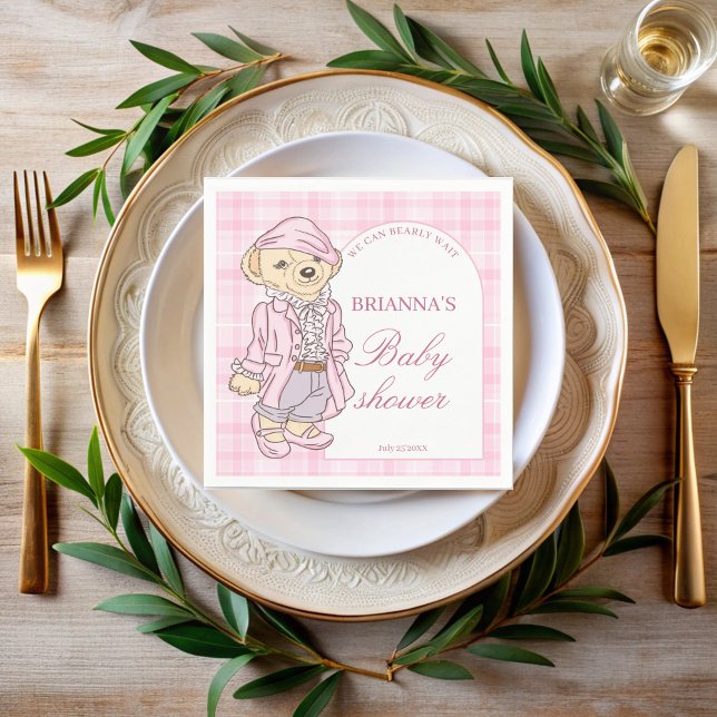 We can bearly wait pink plaid baby shower monogram napkin (We can bearly wait pink plaid teddy bear baby shower monogrammed printed napkins personalized decor)