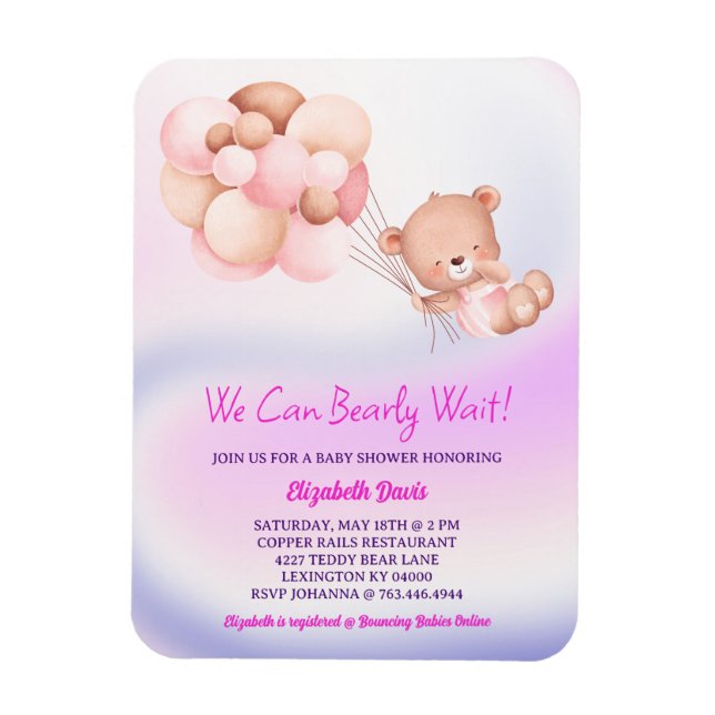 We Can Bearly Wait Pink Purple Girl Baby Shower Magnet (Vertical)