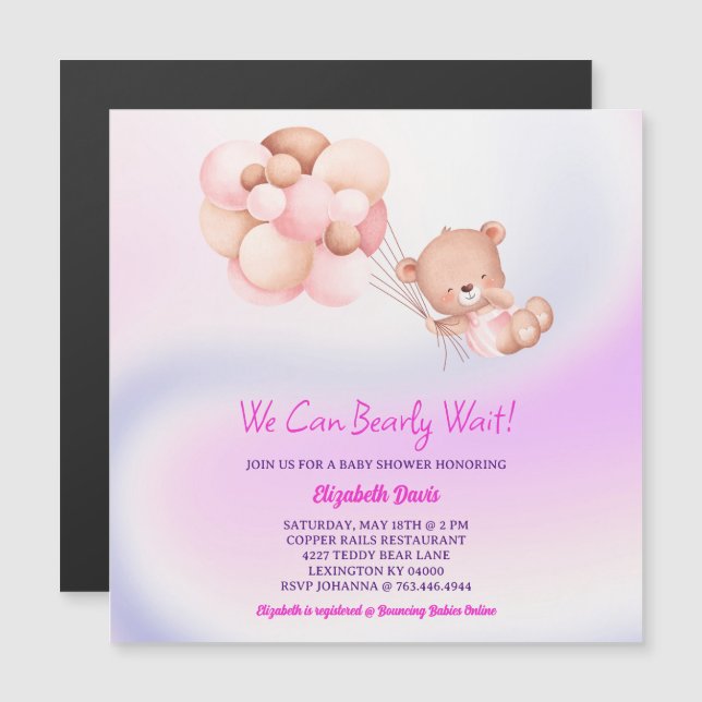 We Can Bearly Wait Pink Purple Girl Baby Shower Magnetic Invitation (Front/Back)