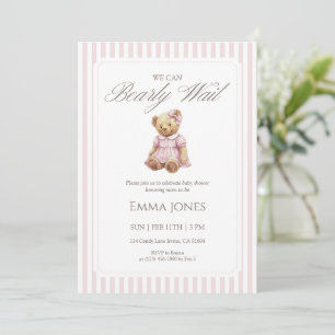 We Can Bearly Wait Pink Stripe Teddy Baby Shower Invitation