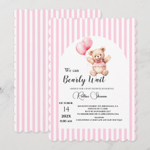 We can bearly wait pink stripped baby shower invitation