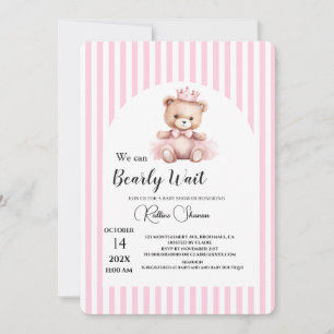 We can bearly wait pink stripped baby shower invitation