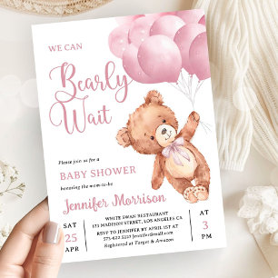 We Can Bearly Wait Pink Teddy Bear Baby Shower Invitation
