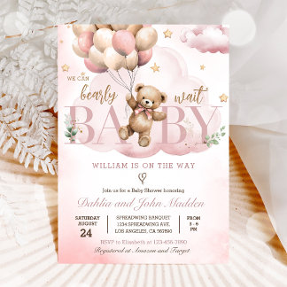 We Can Bearly Wait Pink Teddy Bear Baby Shower Invitation
