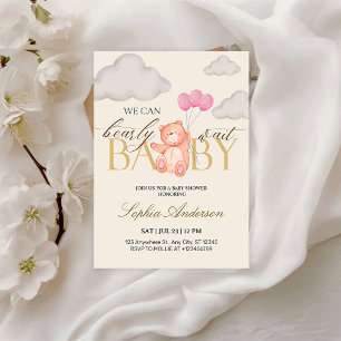 We Can Bearly Wait Pink Teddy Bear Baby Shower Invitation
