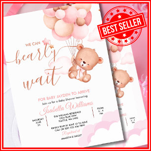 We Can Bearly Wait Pink Teddy Bear Baby Shower Invitation