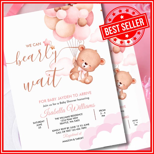 We Can Bearly Wait Pink Teddy Bear Baby Shower Invitation (Creator Uploaded)