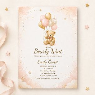 We Can Bearly Wait Pink Teddy Bear Baby Shower Invitation