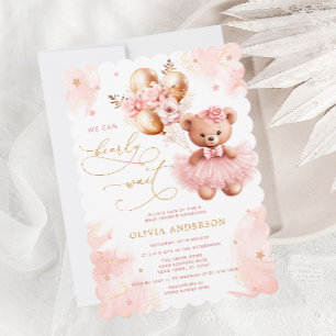We Can Bearly Wait Pink Teddy Bear Baby Shower Invitation