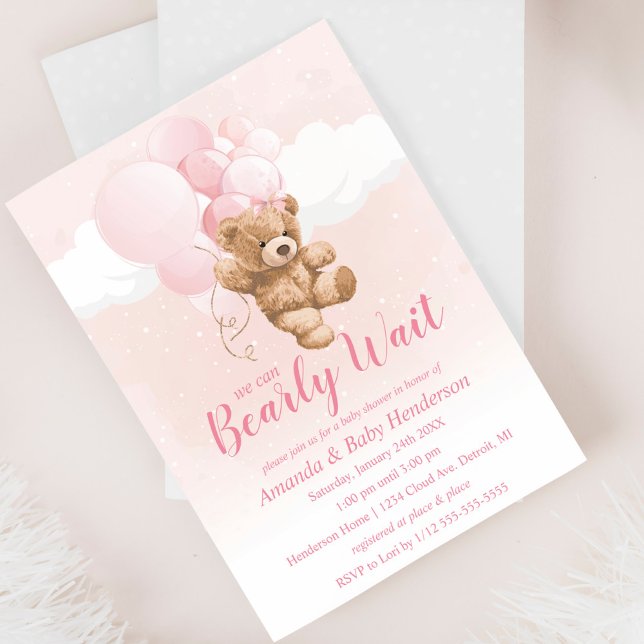 We can Bearly Wait Pink Teddy Bear Baby Shower Invitation (Creator Uploaded)