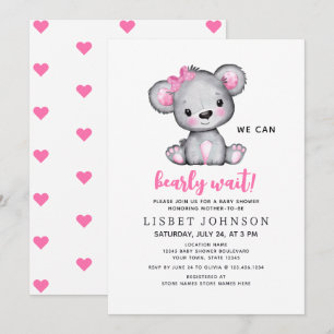 We Can Bearly Wait Pink Teddy Bear Baby Shower Invitation