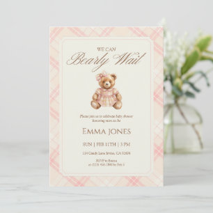 We Can Bearly Wait Pink Teddy Bear Baby Shower Invitation