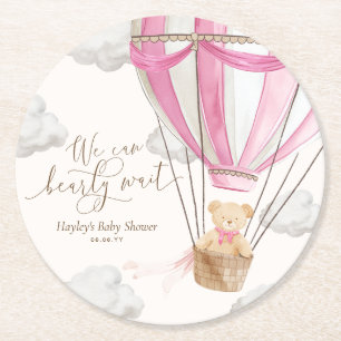 We Can Bearly Wait Pink Teddy Bear Baby Shower Round Paper Coaster