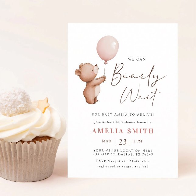 We Can Bearly Wait Pink Teddy Bear Balloon Invitation (Creator Uploaded)
