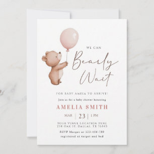 We Can Bearly Wait Pink Teddy Bear Balloon Invitation