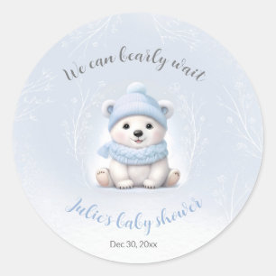 We Can Bearly Wait Polar Bear Blue Baby Shower Classic Round Sticker