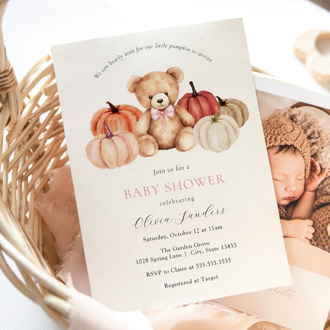 We Can Bearly Wait Pumpkin Teddy Bear Baby Shower Invitation (Creator Uploaded)