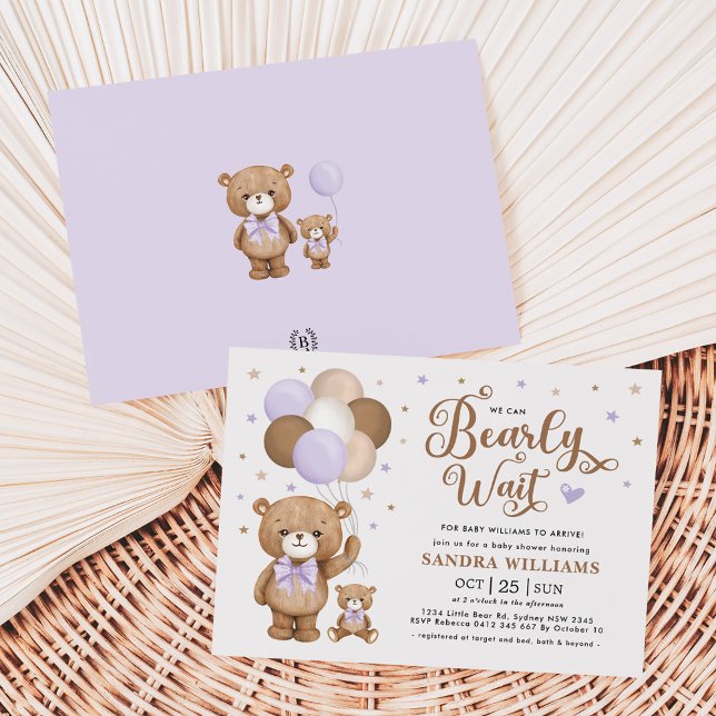 We Can Bearly Wait Purple Teddy Bear Baby Shower Invitation (Creator Uploaded)