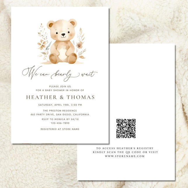 We Can Bearly Wait QR Neutral Boho Baby Shower Invitation (Creator Uploaded)
