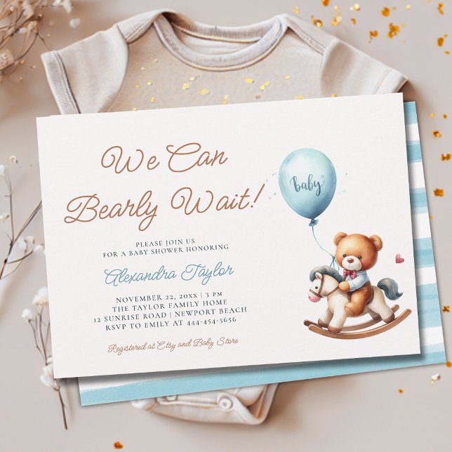 We Can Bearly Wait Rocking Horse Baby Boy Shower Invitation (we can bearly wait baby boy shower invitation teddy bear cute stuffed toy rocking chair nursery chic)
