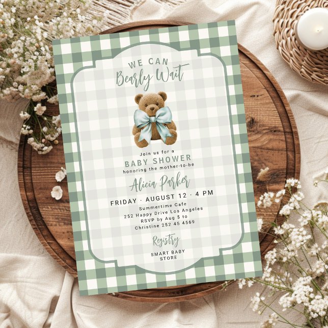 We can bearly wait sage green gingham baby shower invitation (Creator Uploaded)