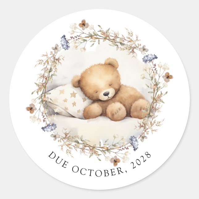 We Can Bearly Wait Sleeping Teddy Bear Pregnancy Classic Round Sticker (Front)