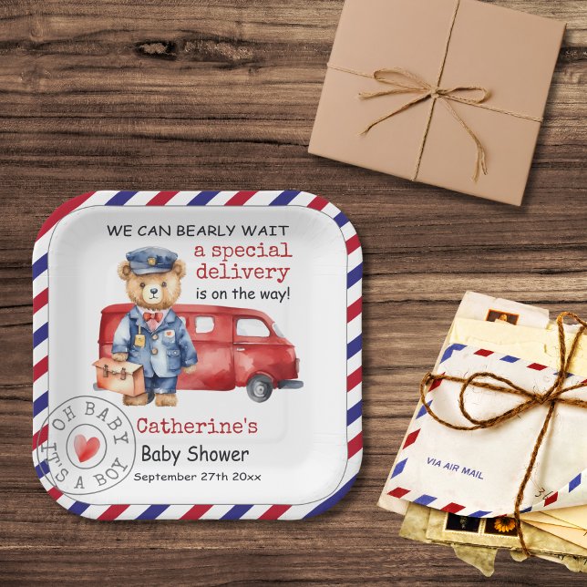 We Can Bearly Wait Special Delivery Baby Shower Paper Plate (Creator Uploaded)