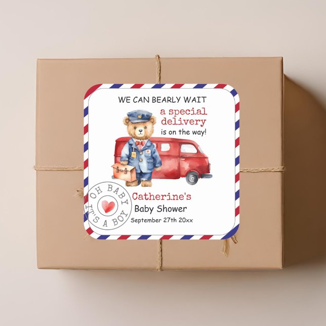 We Can Bearly Wait Special Delivery Baby Shower Square Sticker (Creator Uploaded)